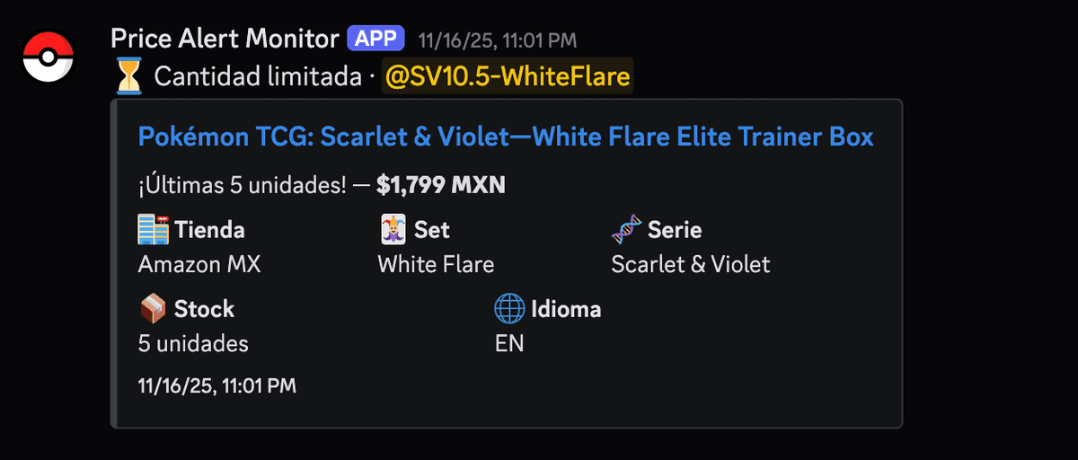 Alerta de cantidad limitada mostrando un White Flare Elite Trainer Box con 5 unidades