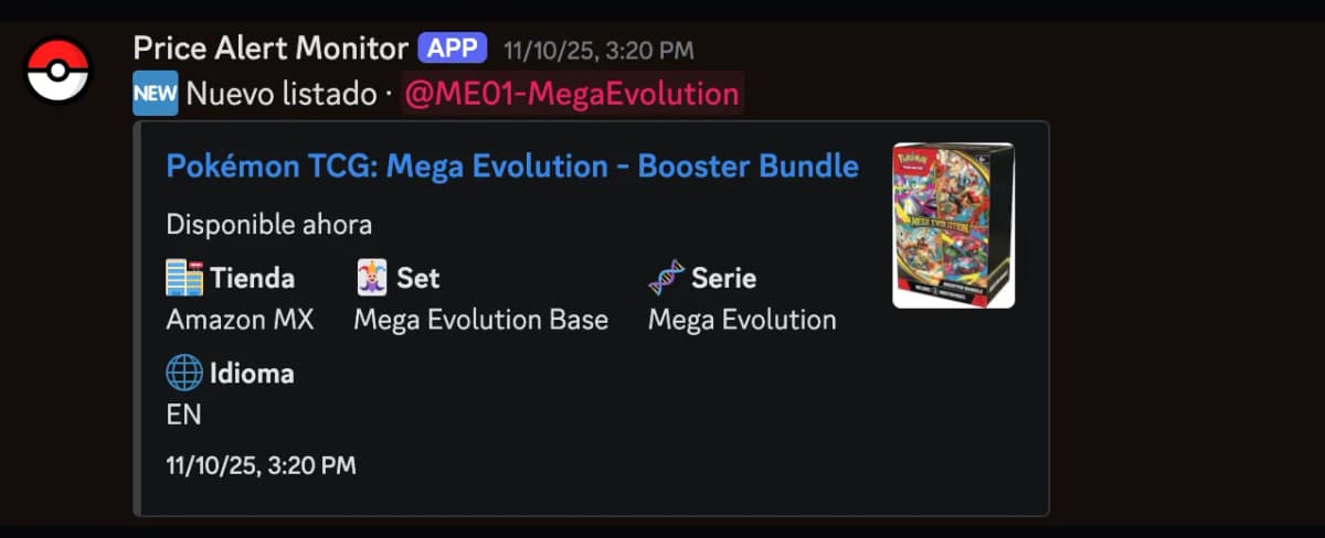 Alerta de nuevo listado mostrando un Mega Evolution Booster Bundle