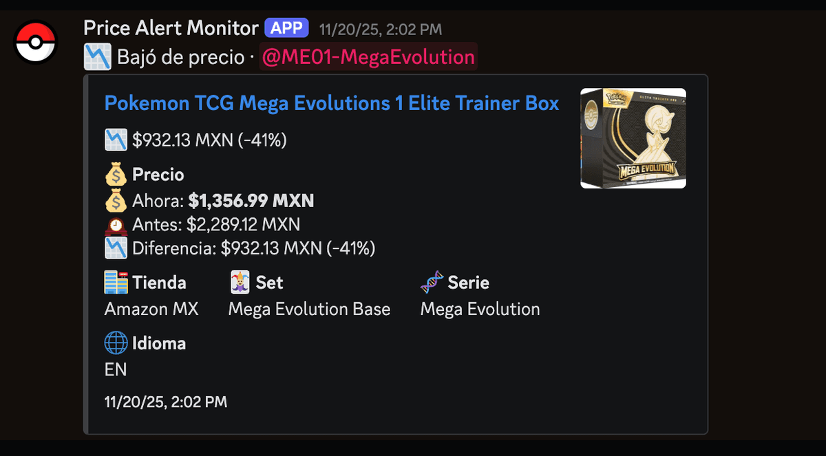 Alerta de bajada de precio mostrando un Elite Trainer Box con 41% de descuento